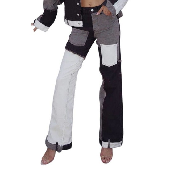 Rare! REVICE Womens Chino Patch Jeans Pants Sz 29/ 8 Wide Leg Cotton Brown White - Picture 1 of 8